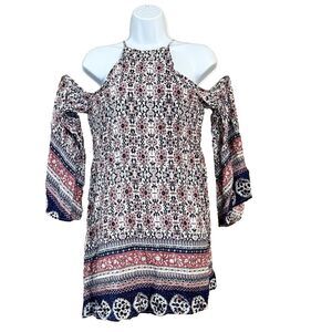 A.Peach Women's Size S Cold Open Shoulder Tunic Boho Floral Bell Sleeve